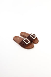 SOFI CHOCOLATE - Footbed Leather Slides with Buckle