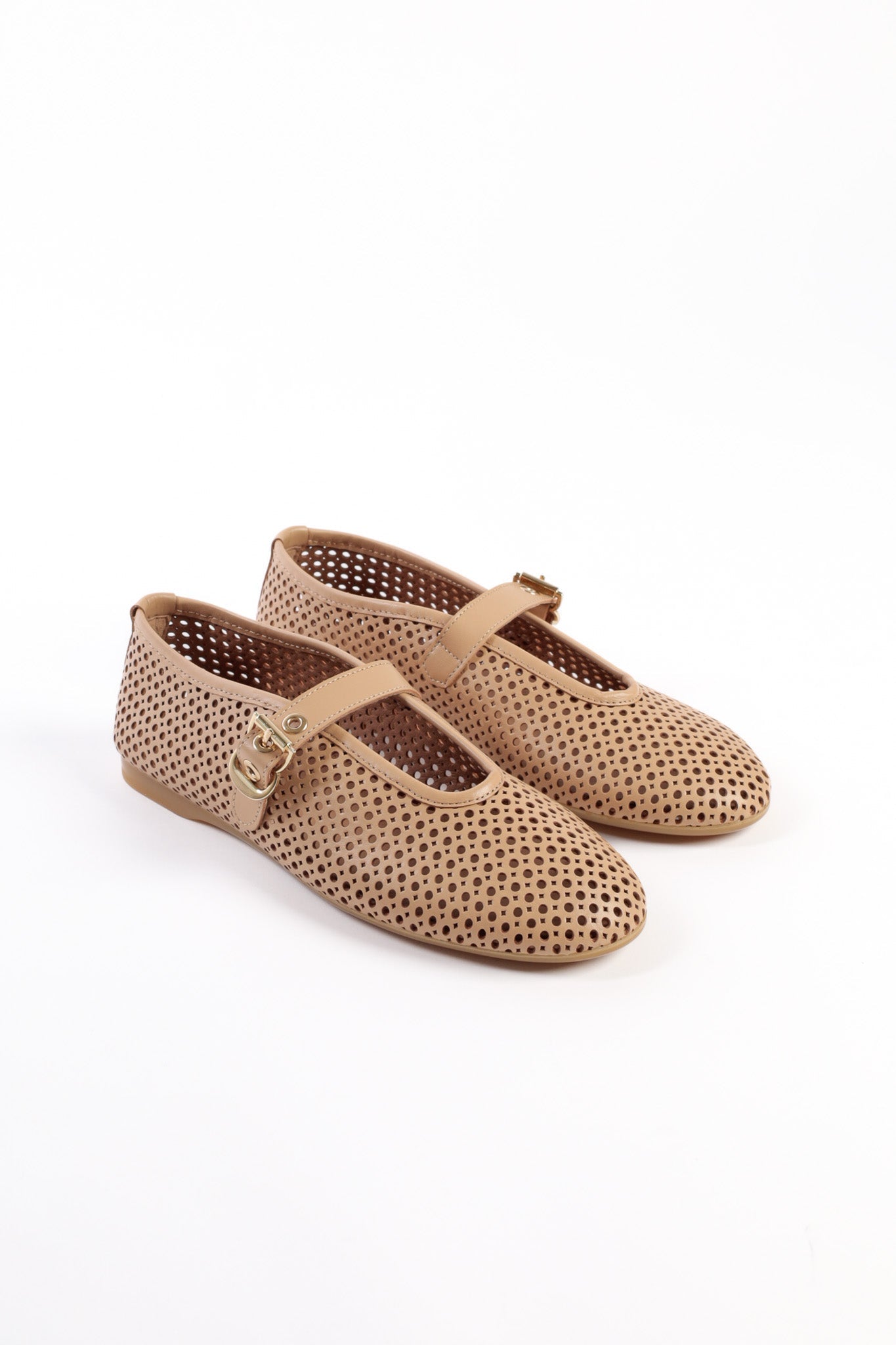 CARROLL CAMEL- Perforated Leather Ballet Flats with Buckle KMB shoes