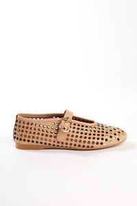CARROLYN CAMEL- Perforated Leather Ballet Flats with Studs and Buckle KMB shoes