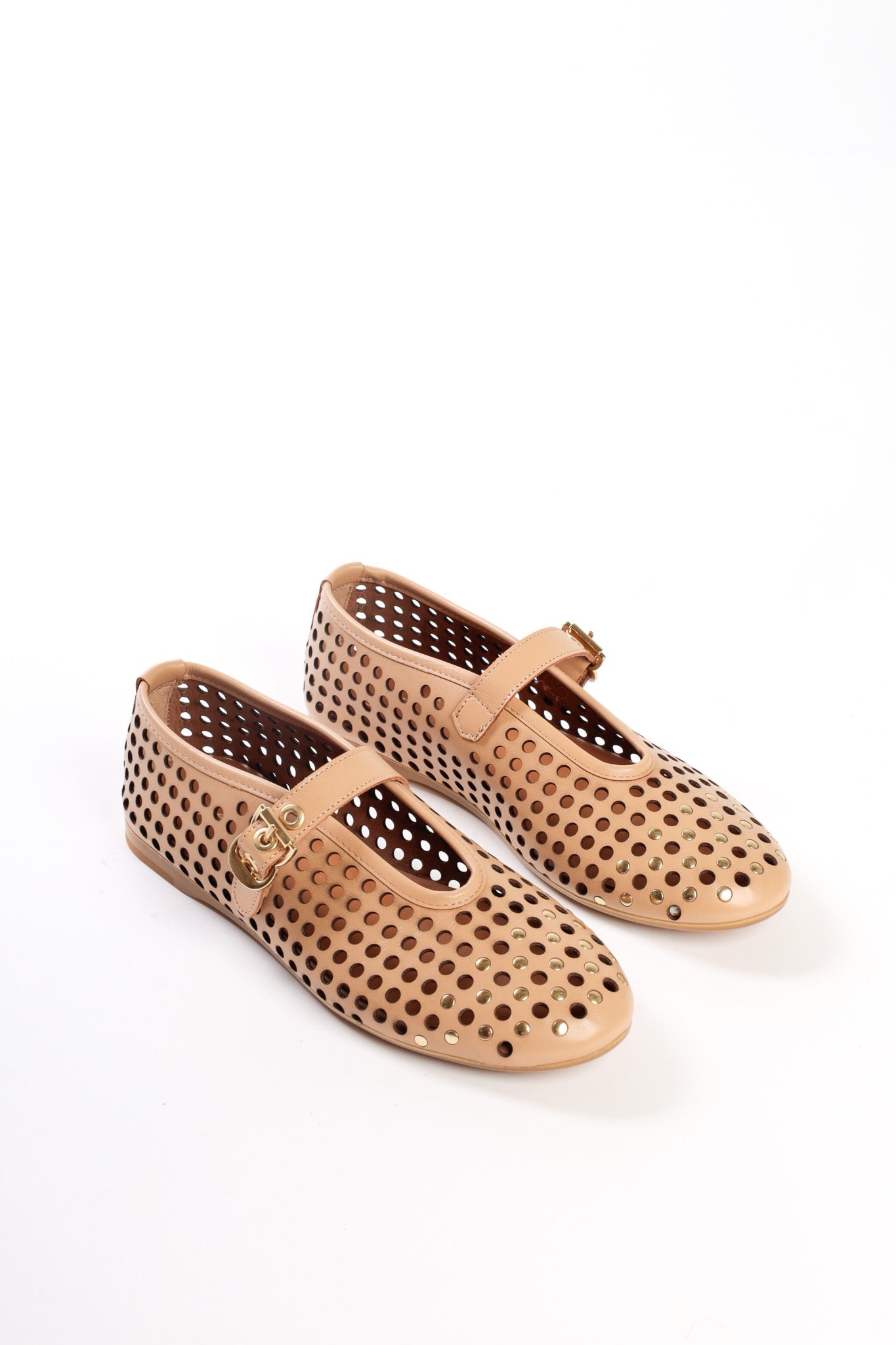 CARROLYN CAMEL- Perforated Leather Ballet Flats with Studs and Buckle KMB shoes