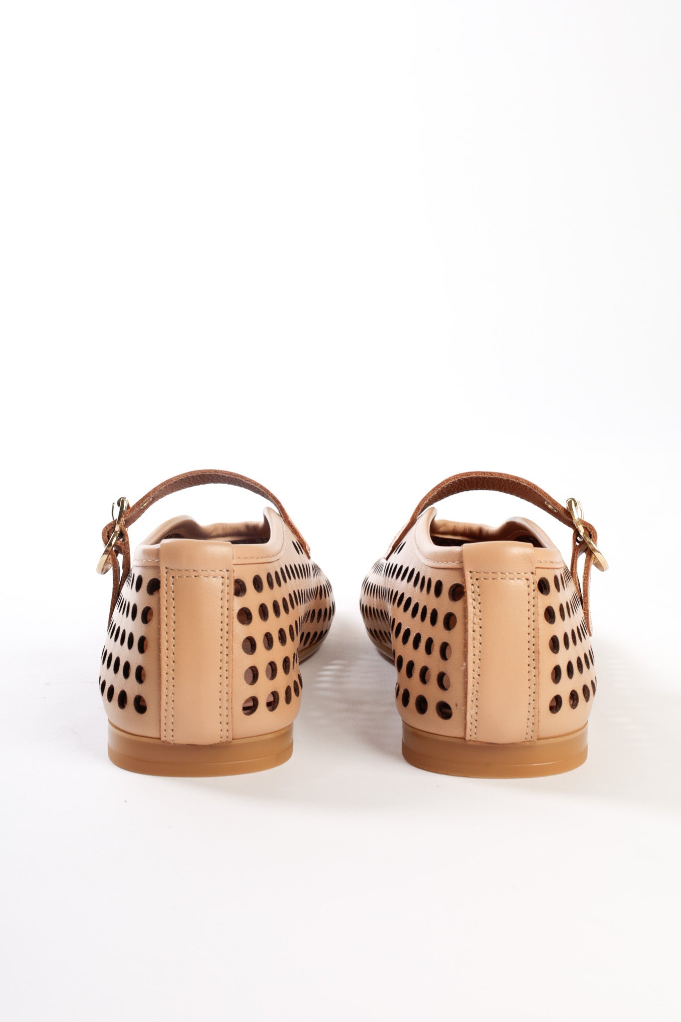 CARROLYN CAMEL- Perforated Leather Ballet Flats with Studs and Buckle KMB shoes