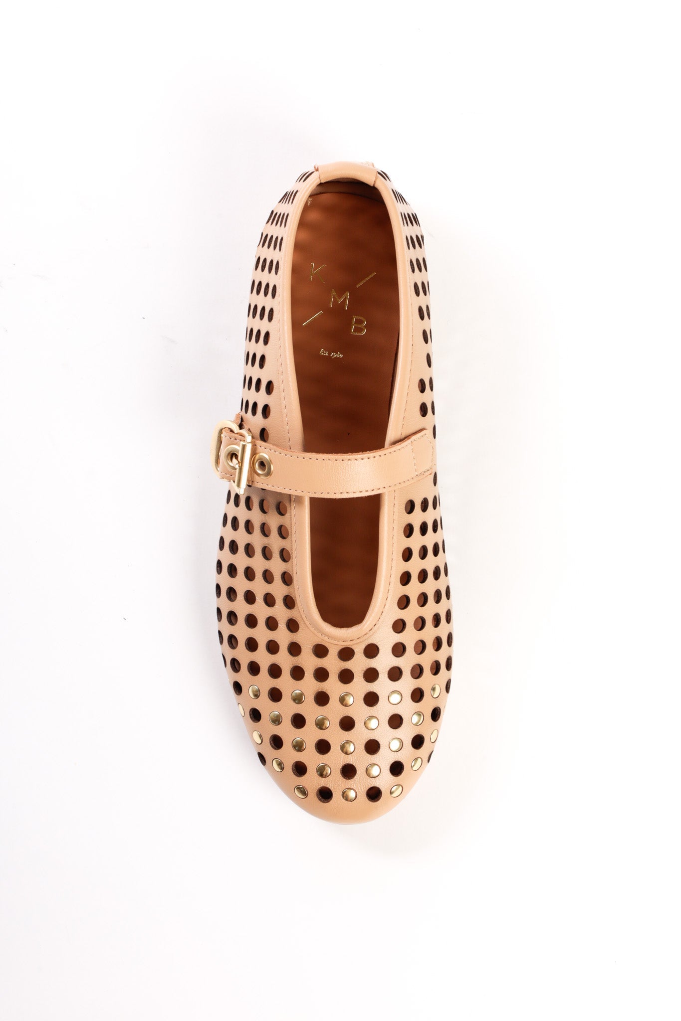 CARROLYN CAMEL- Perforated Leather Ballet Flats with Studs and Buckle KMB shoes