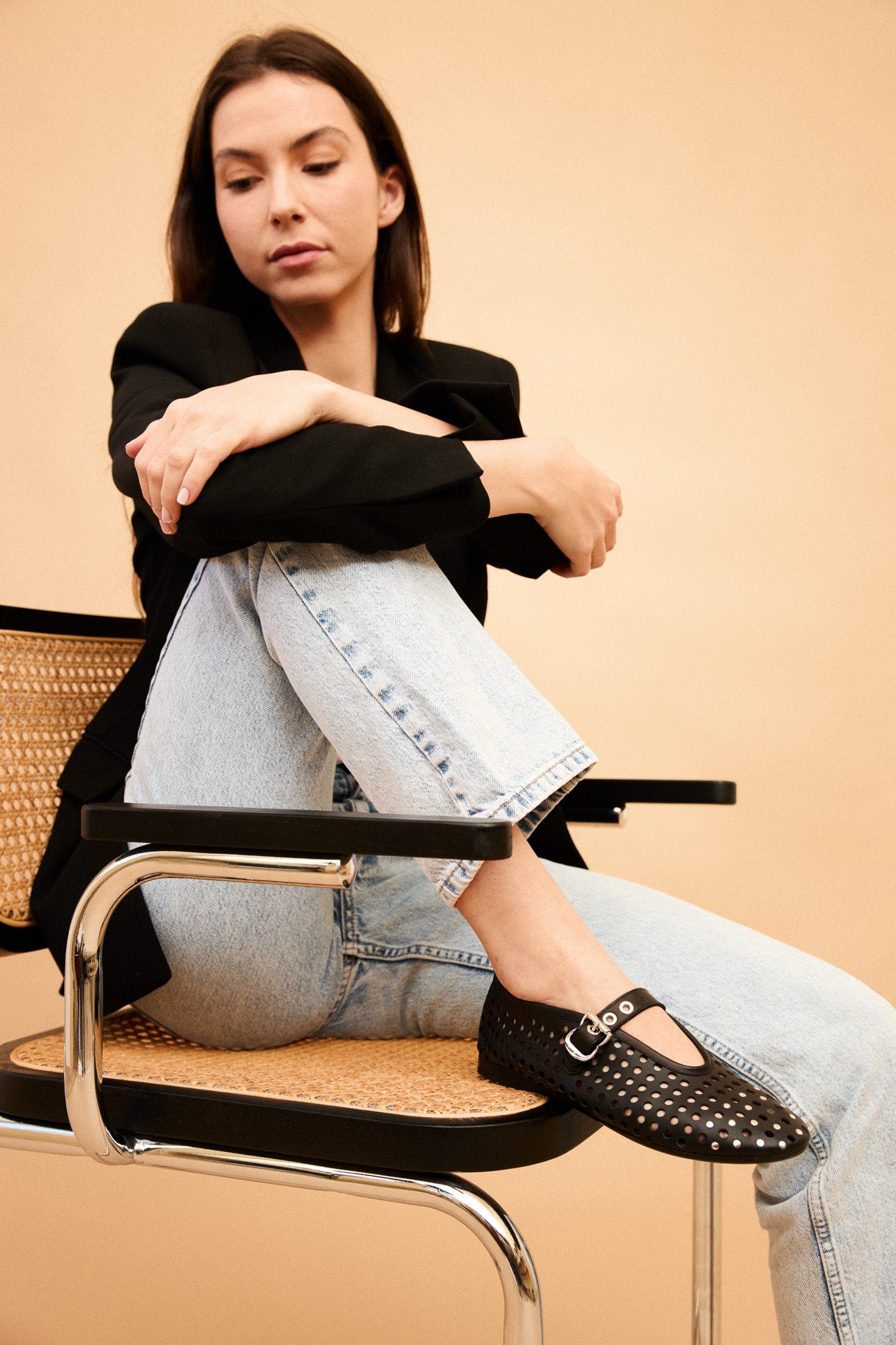 CARROLYN BLACK- Perforated Leather Ballet Flats with Studs and Buckle KMB shoes