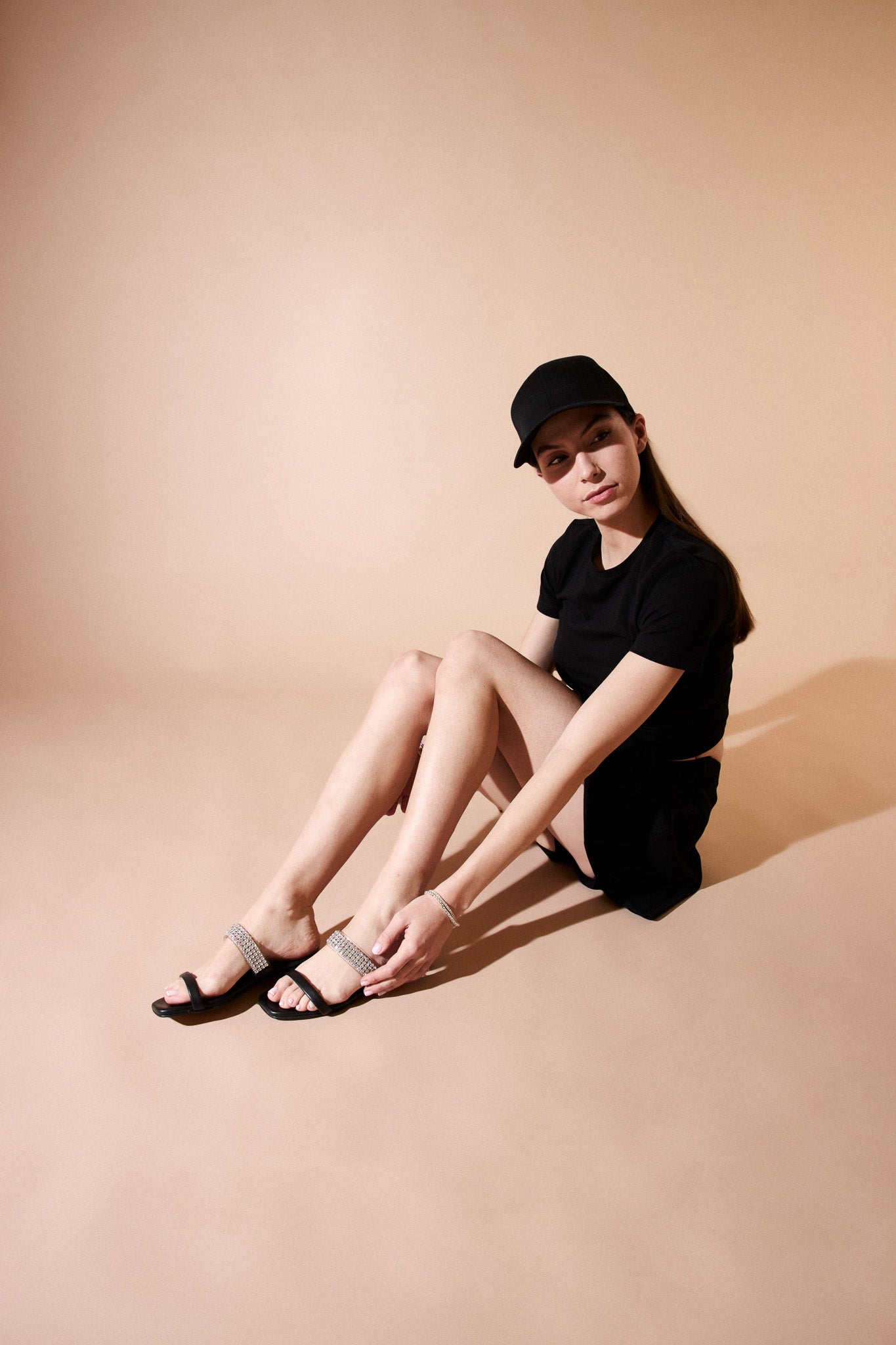 MARILYN BLACK - Two-Strap Leather Sandals with Strass KMB shoes