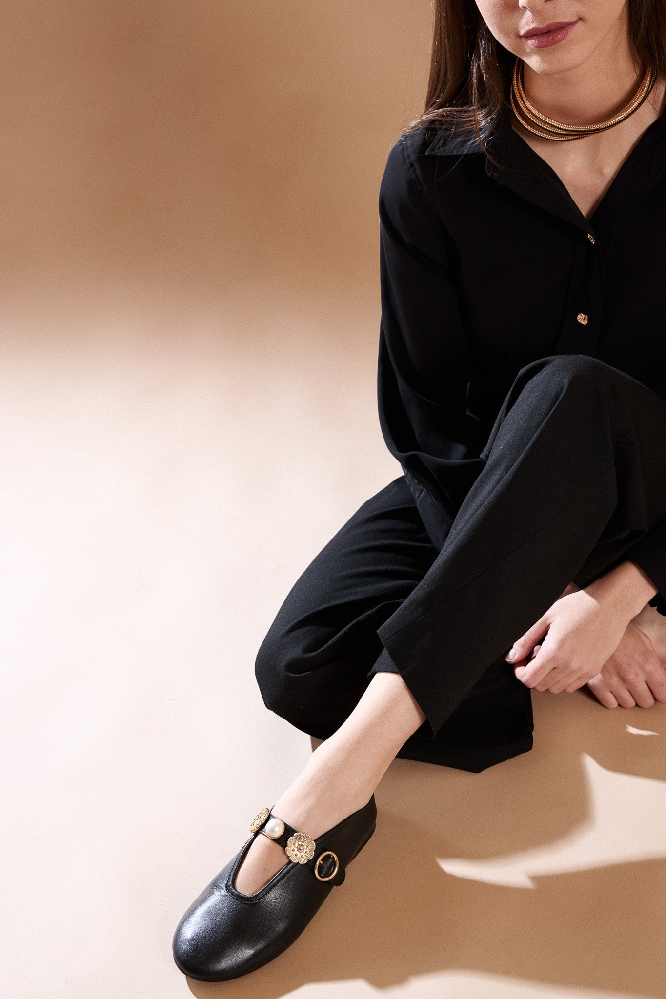 CLARICE BLACK - Leather Ballet Flats with Embellished Strap KMB shoes