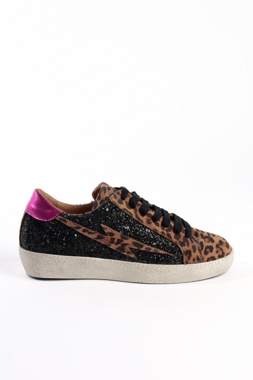 ALIA LEOPARD – Lace-Up Leather Sneakers with Glitter – KMB shoes