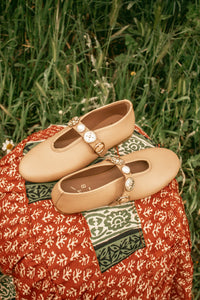 CLARICE CAMEL- Leather Ballet Flats with Embellished Strap KMB shoes