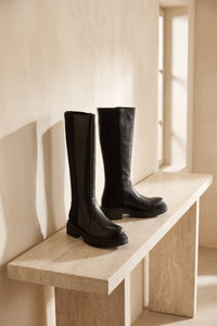 AITANA BLACK – Knee-High Leather Boots with Stretch Back Panel