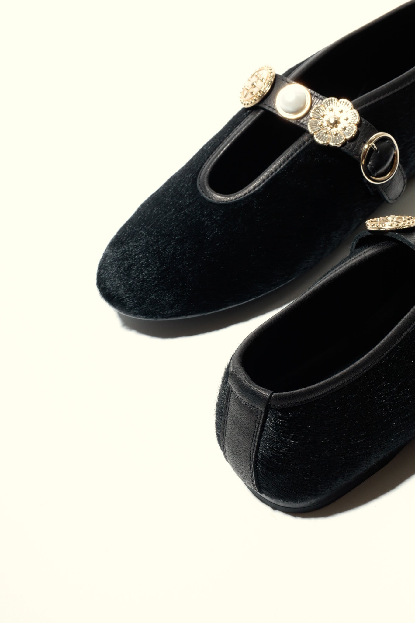 CLARICE PONY BLACK - Hair on Leather Ballet Flats with Embellished Strap KMB shoes