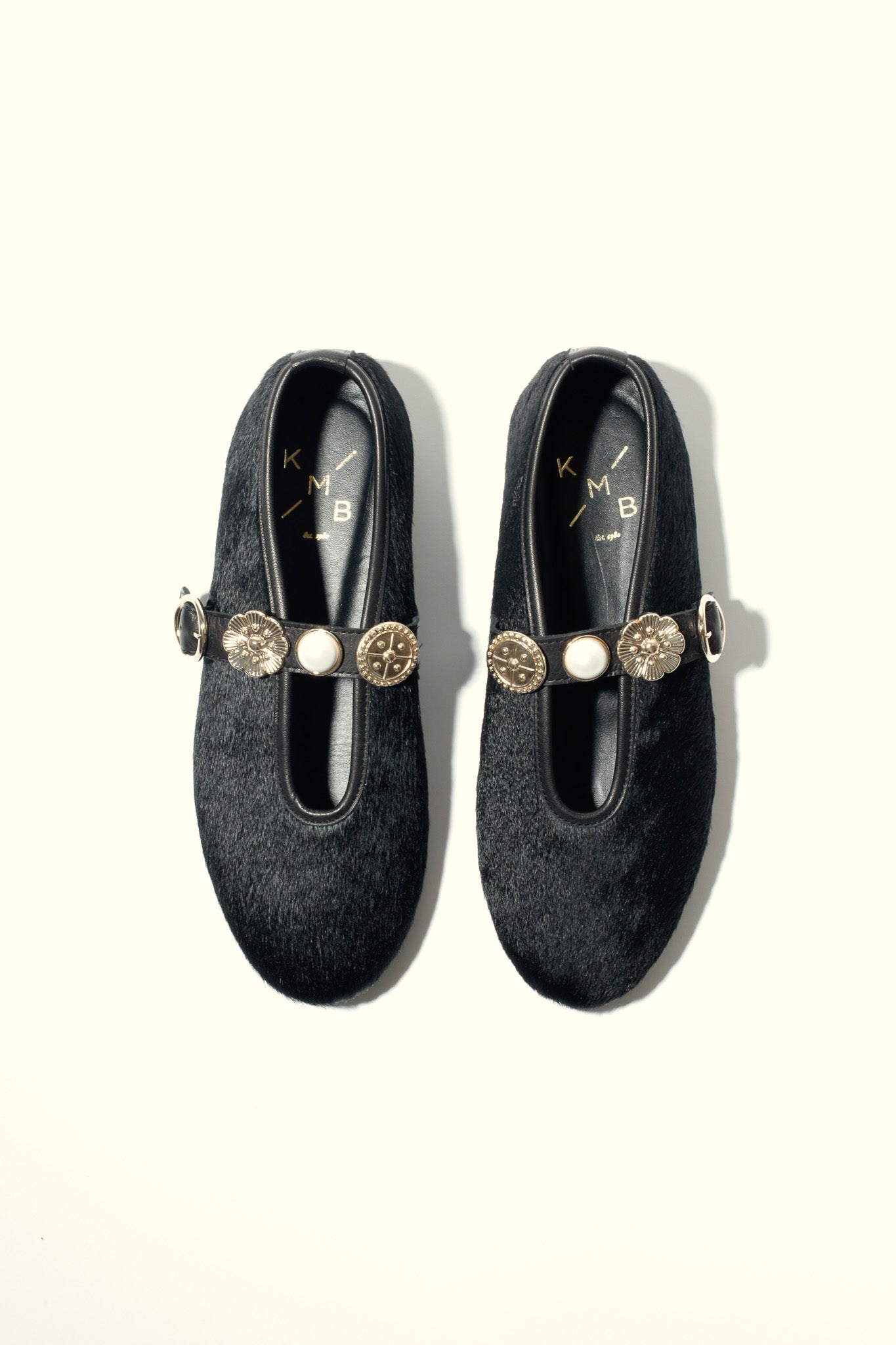 CLARICE PONY BLACK - Hair on Leather Ballet Flats with Embellished Strap KMB shoes