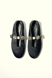 CLARICE PONY BLACK - Hair on Leather Ballet Flats with Embellished Strap KMB shoes