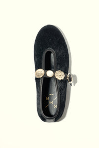 CLARICE PONY BLACK - Hair on Leather Ballet Flats with Embellished Strap KMB shoes