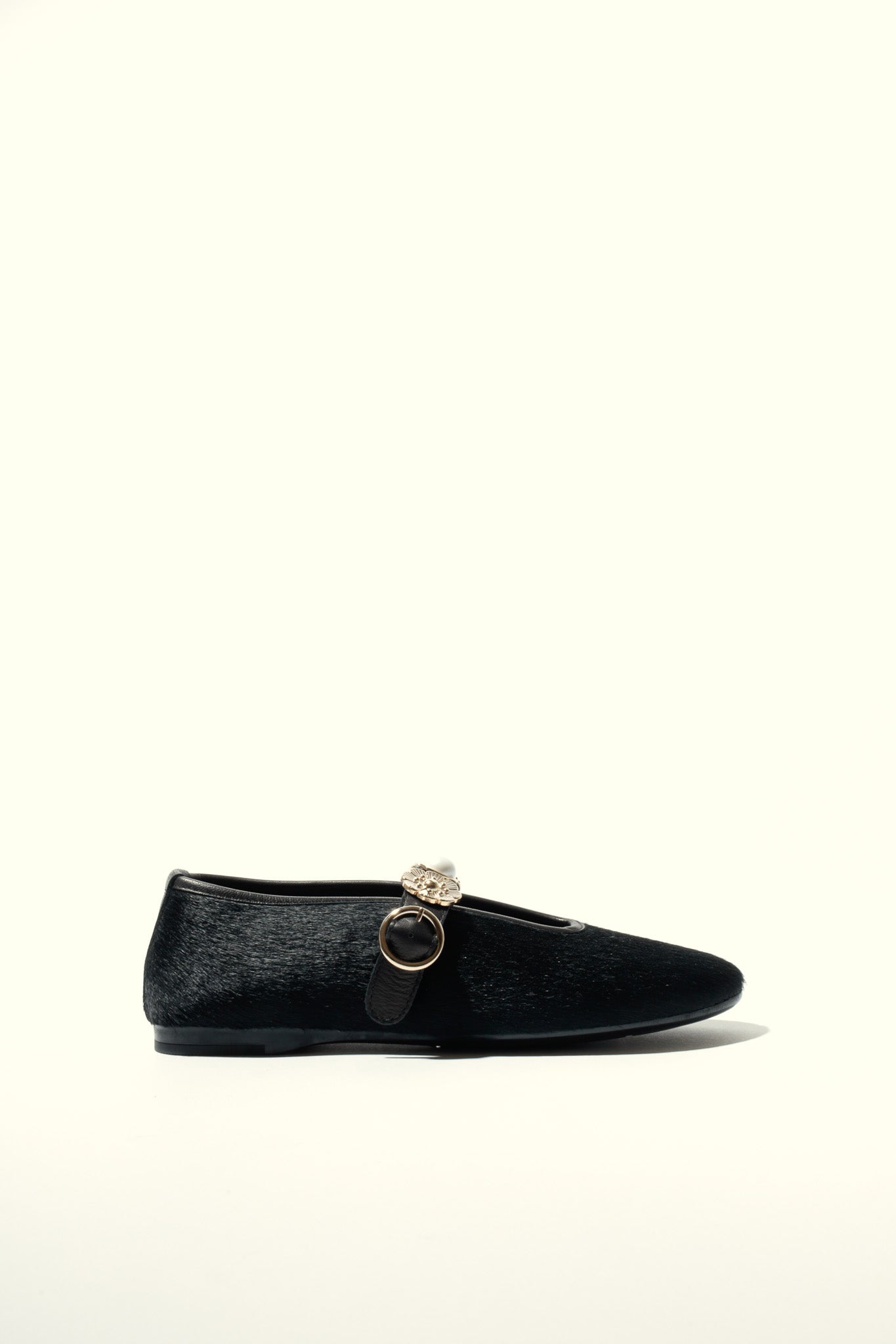 CLARICE PONY BLACK - Hair on Leather Ballet Flats with Embellished Strap KMB shoes