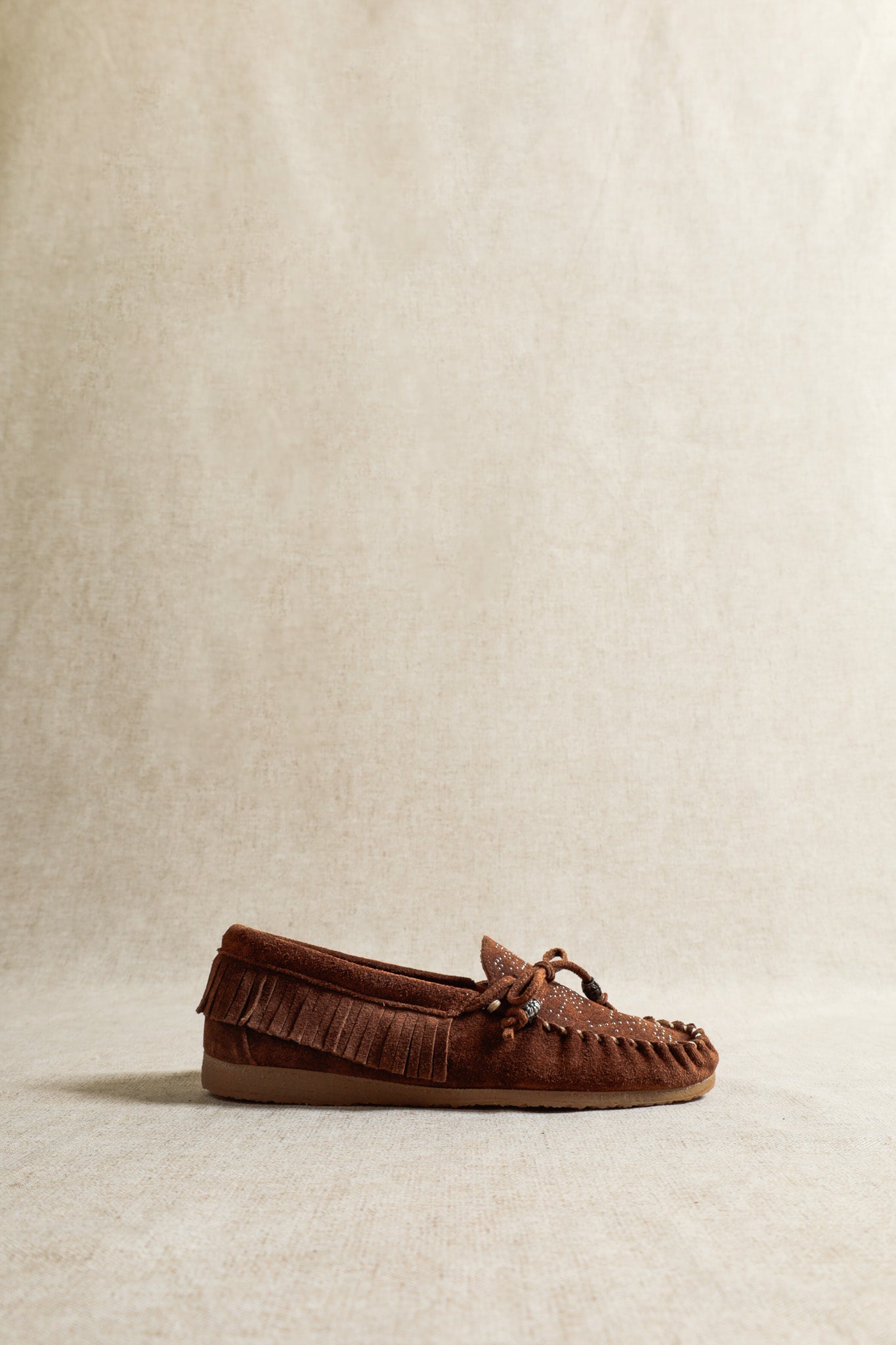 BINA CHOCOLATE – Kiowa-Style Suede Moccasins with Stud Details