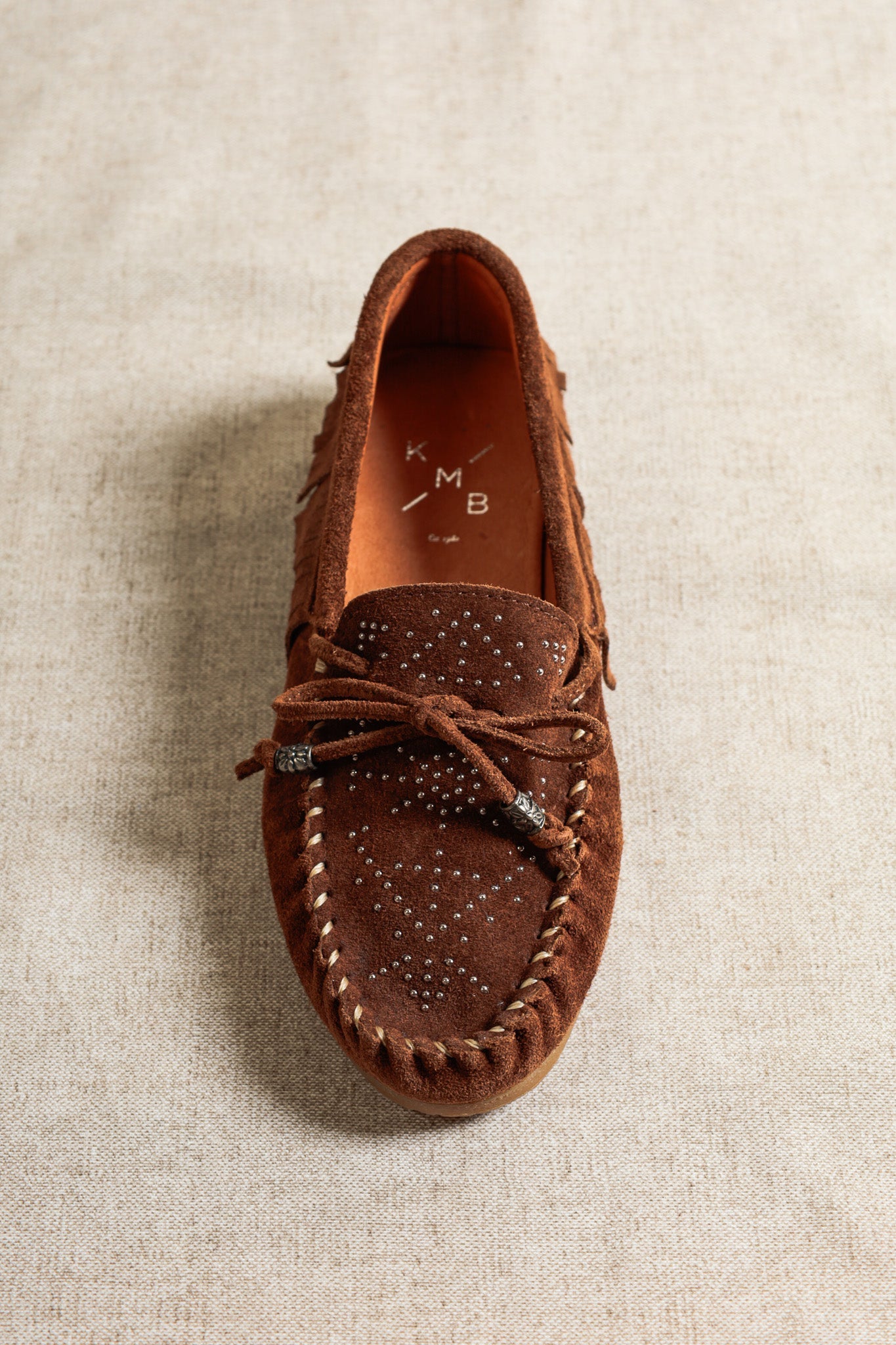 BINA CHOCOLATE – Kiowa-Style Suede Moccasins with Stud Details