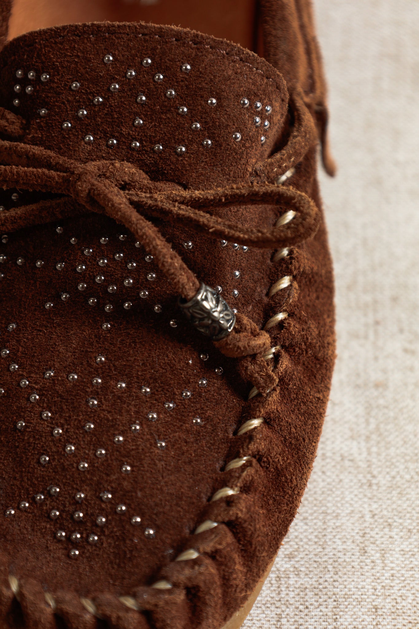 BINA CHOCOLATE – Kiowa-Style Suede Moccasins with Stud Details