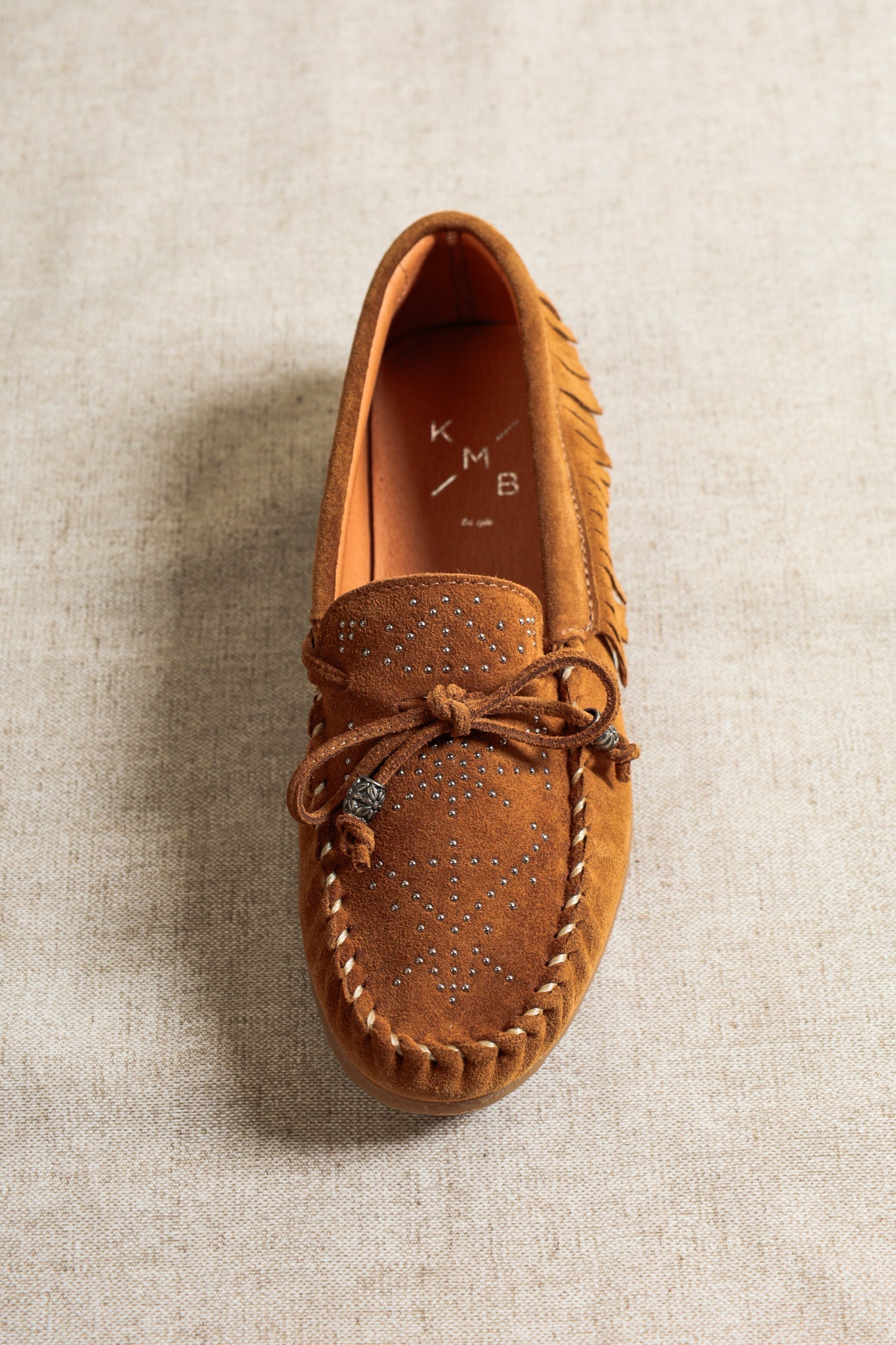BINA COGNAC – Kiowa-Style Suede Moccasins with Studs – KMB shoes
