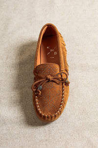 BINA COGNAC – Kiowa-Style Suede Moccasins with Studs – KMB shoes