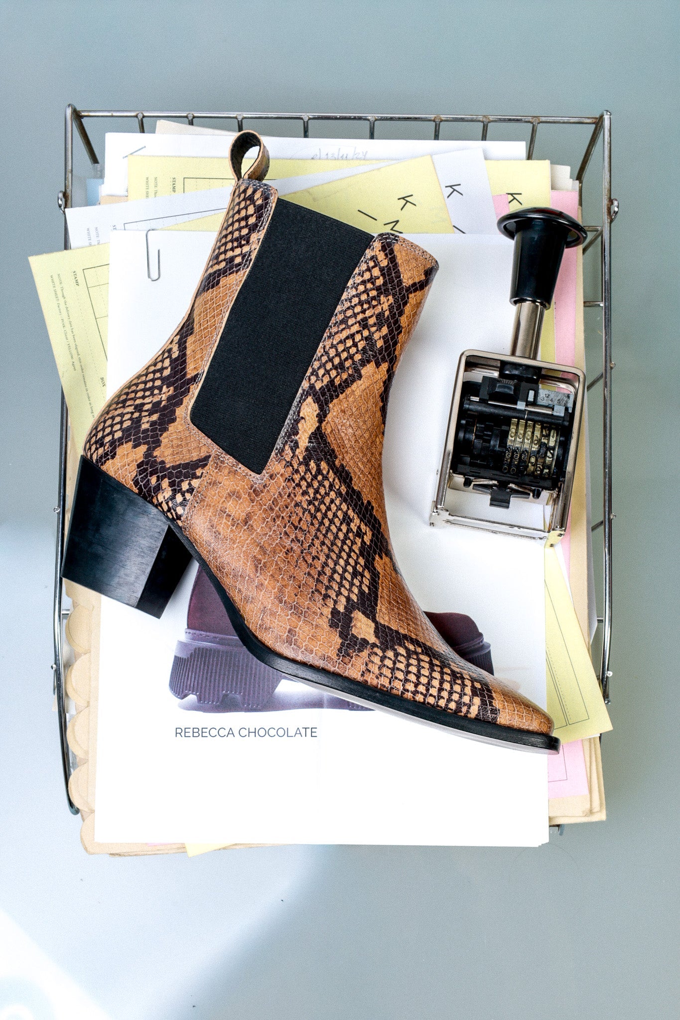 RAY SNAKE TAUPE – Square Toe Ankle Boots with Sculptural Heel KMB shoes