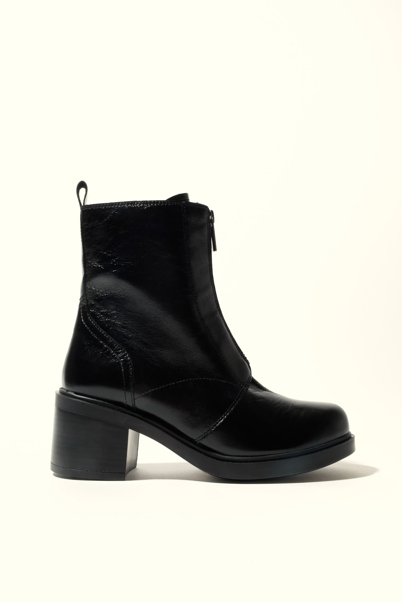 NOELIA BLACK – Cracked Leather Front-Zip Ankle Boots KMB shoes